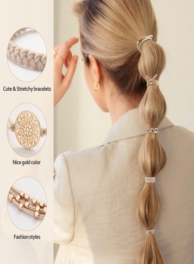 SYGY 10 Boho Bracelets, Braided & Stretch Hair Ties for Thick/Thin Hair, 5 Styles, Light Coffee Colors - No Damage Ponytail Holders - Image 5
